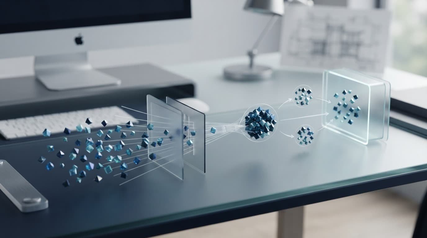 Colored data points move through separated clusters toward a blank context window on a glass desk.