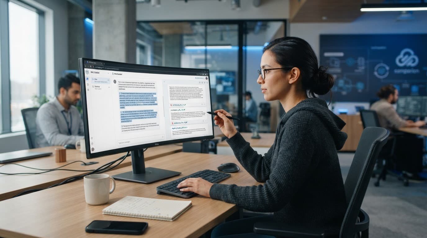 A software engineer reviews cited chatbot results on a monitor in a modern office.