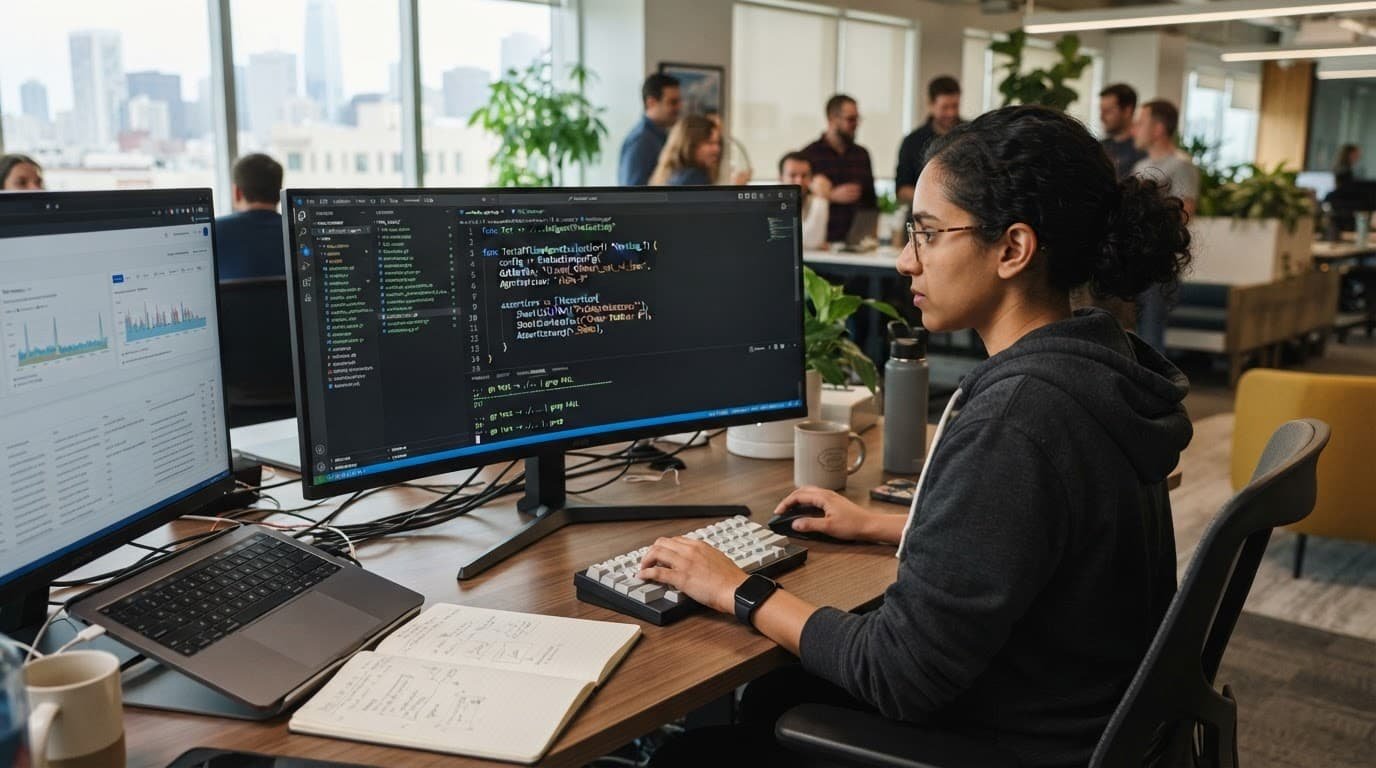 How to build AI agent test cases from support tickets 2 Engineer configuring tests on dual monitors at a sunlit desk.