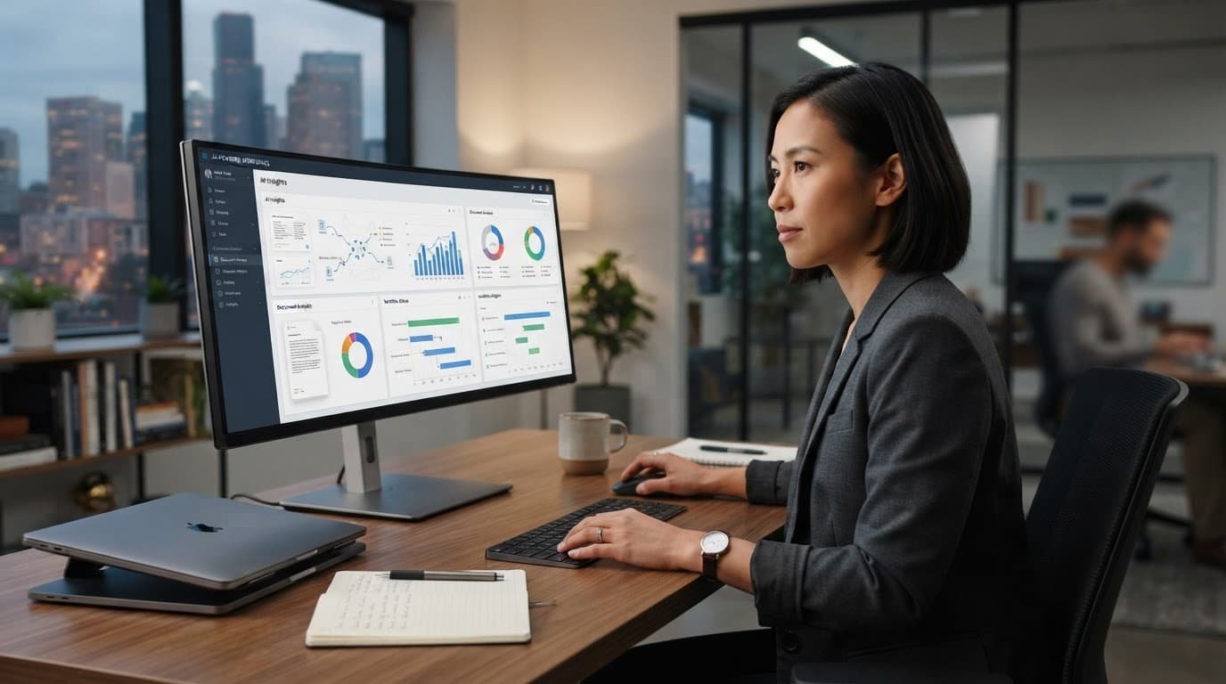 An entrepreneur works at a computer in a modern office with organized documents and data charts.