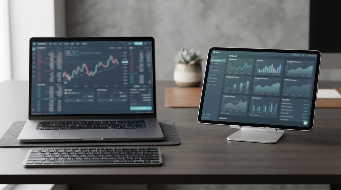 Laptop and tablet showing separate crypto trading automation dashboards.