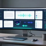 A transparent curved display shows a creative workspace beside a laptop and coffee mug.