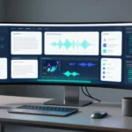 A transparent curved display shows a creative workspace beside a laptop and coffee mug.