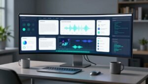 A transparent curved display shows a creative workspace beside a laptop and coffee mug.