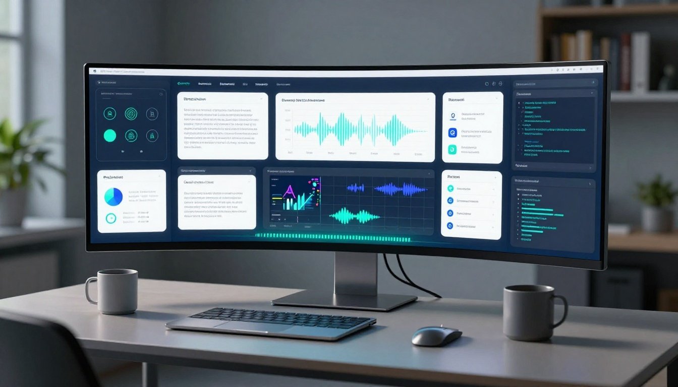 A transparent curved display shows a creative workspace beside a laptop and coffee mug.