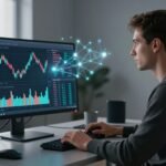 A trader watches colorful crypto charts on an ultrawide monitor at a home office desk.