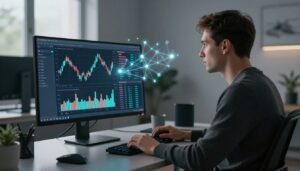 A trader watches colorful crypto charts on an ultrawide monitor at a home office desk.