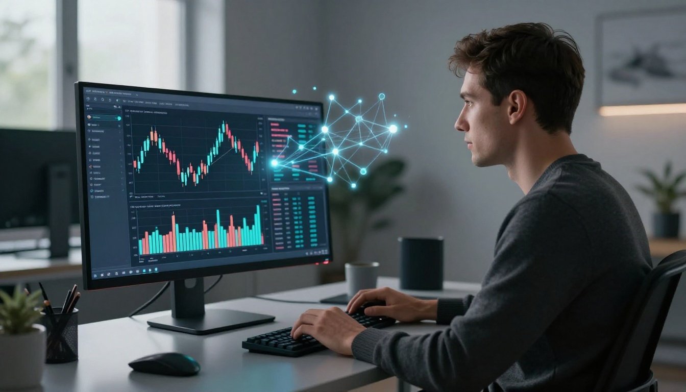 A trader watches colorful crypto charts on an ultrawide monitor at a home office desk.