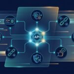Glowing API node linked to credentials, policies, approvals, and a protected resource.