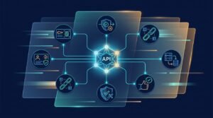 Glowing API node linked to credentials, policies, approvals, and a protected resource.