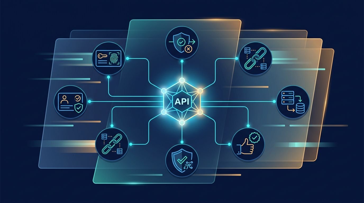Glowing API node linked to credentials, policies, approvals, and a protected resource.