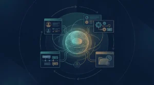 A glowing central hub connects cards for preferences, workflows, support, and archived information.