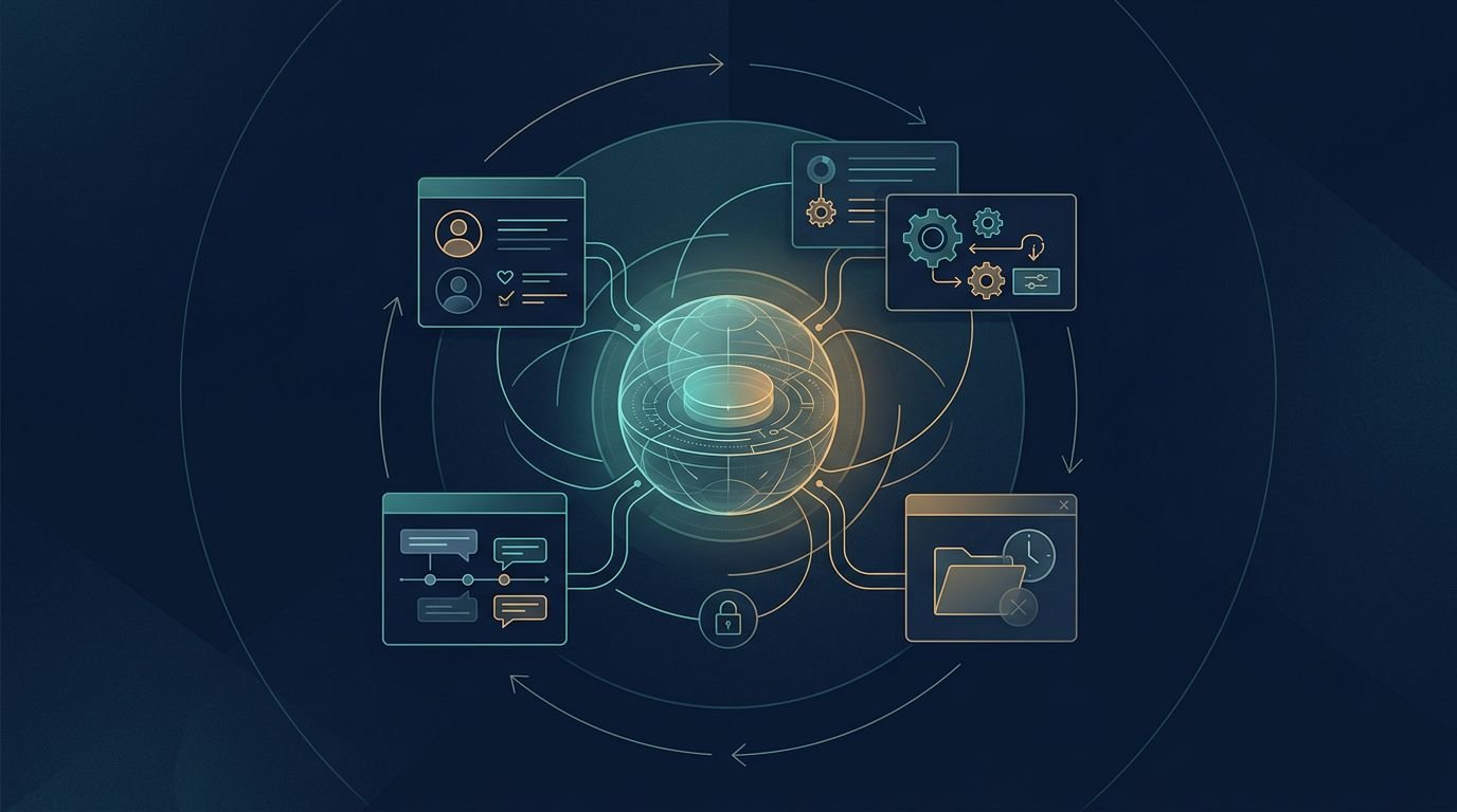 A glowing central hub connects cards for preferences, workflows, support, and archived information.