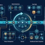 AI agent replay for faster, safer debugging 1 A glowing timeline branches to evidence, decisions, checks, retries, and system snapshots.