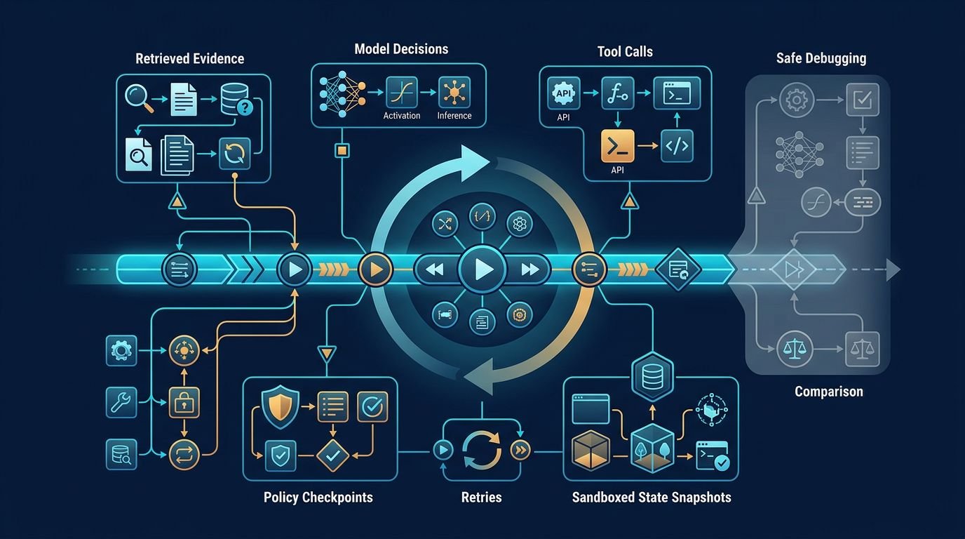 A glowing timeline branches to evidence, decisions, checks, retries, and system snapshots.
