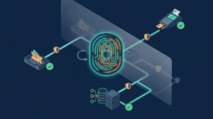 A glowing action hub connects securely to payment, support, and database icons.