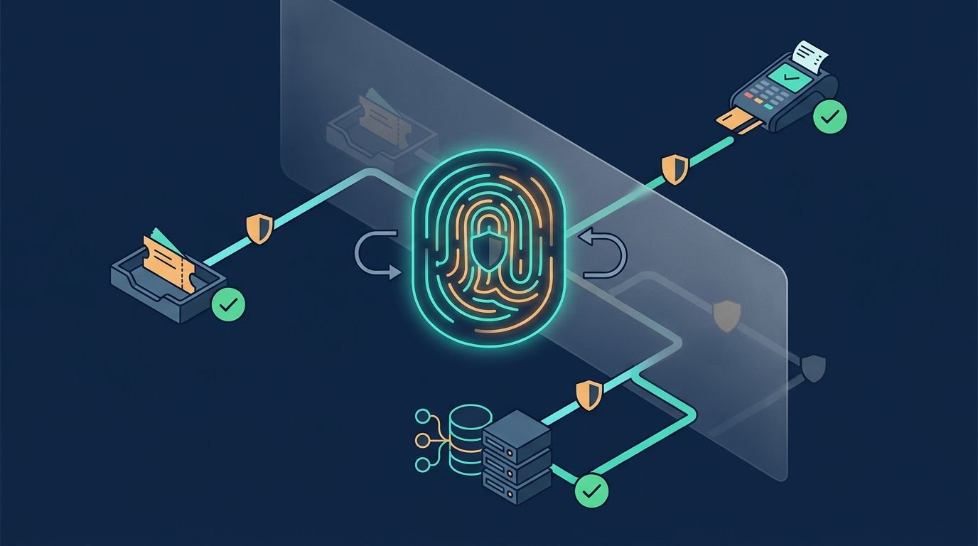 A glowing action hub connects securely to payment, support, and database icons.