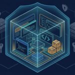 A glowing cube separates browser and code tools from clouds, keys, files, and network nodes.