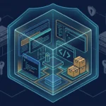 A glowing cube separates browser and code tools from clouds, keys, files, and network nodes.