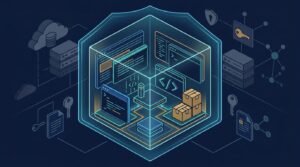 A glowing cube separates browser and code tools from clouds, keys, files, and network nodes.
