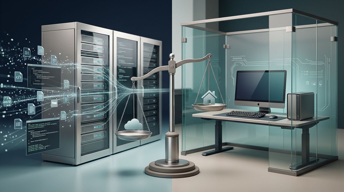 Cloud servers share code while a local workstation sits behind a privacy shield.