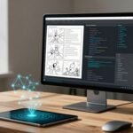 Monitor showing a comic panel beside code, with a tablet on a polished desk.