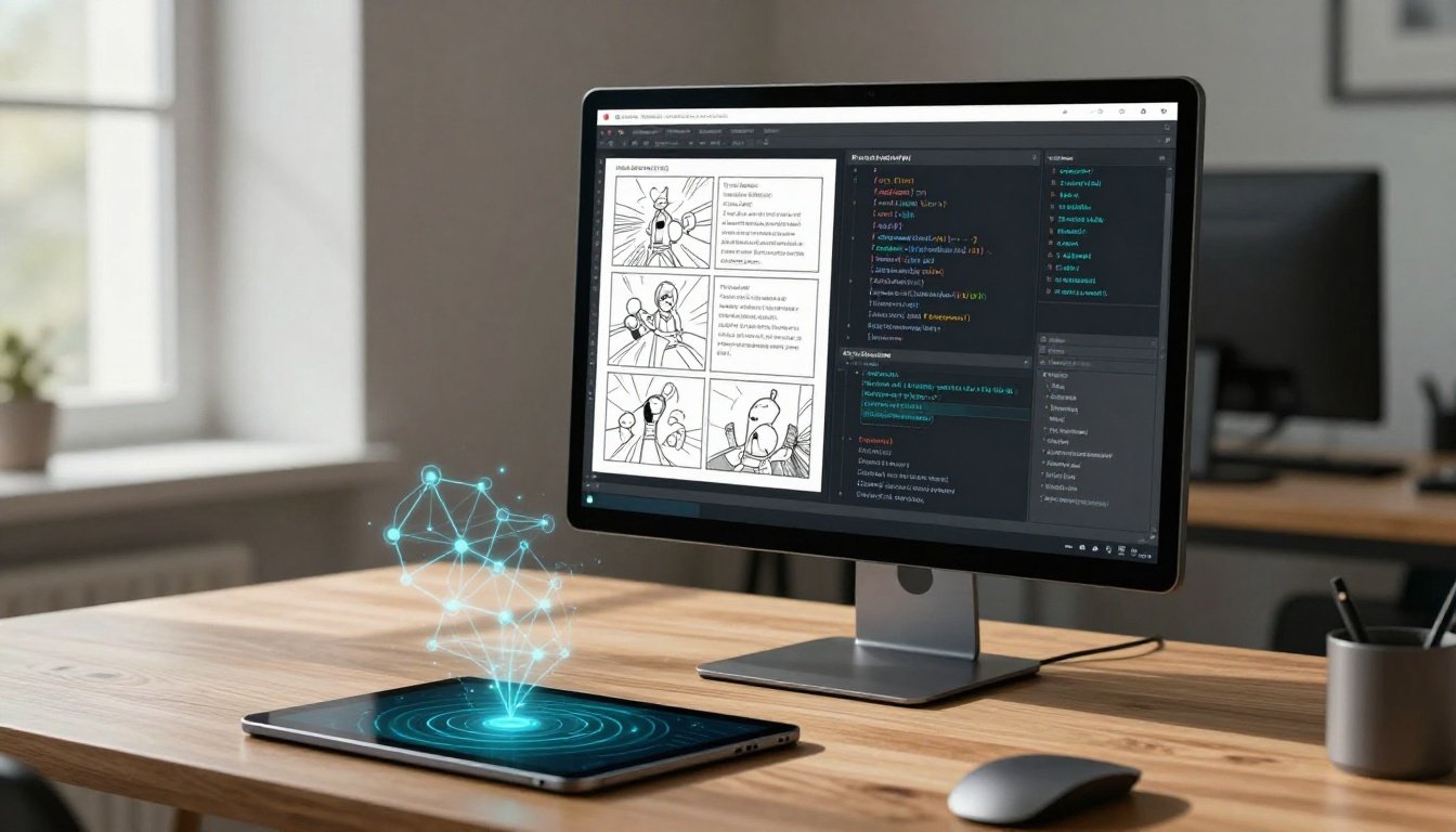 Monitor showing a comic panel beside code, with a tablet on a polished desk.
