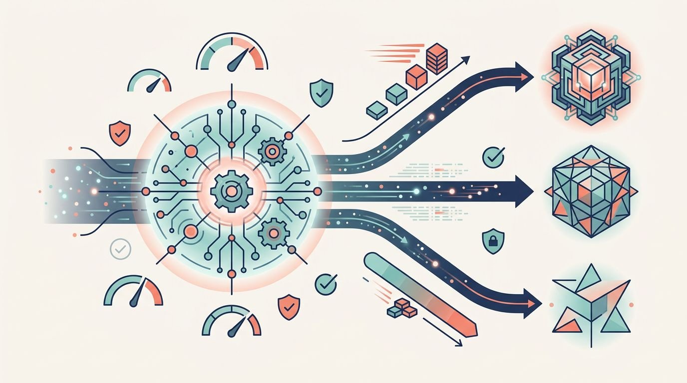 A glowing hub directs requests along paths to three model options.