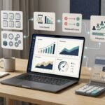 Laptop with charts, calculator interface, and connected workflow icons on a modern desk.
