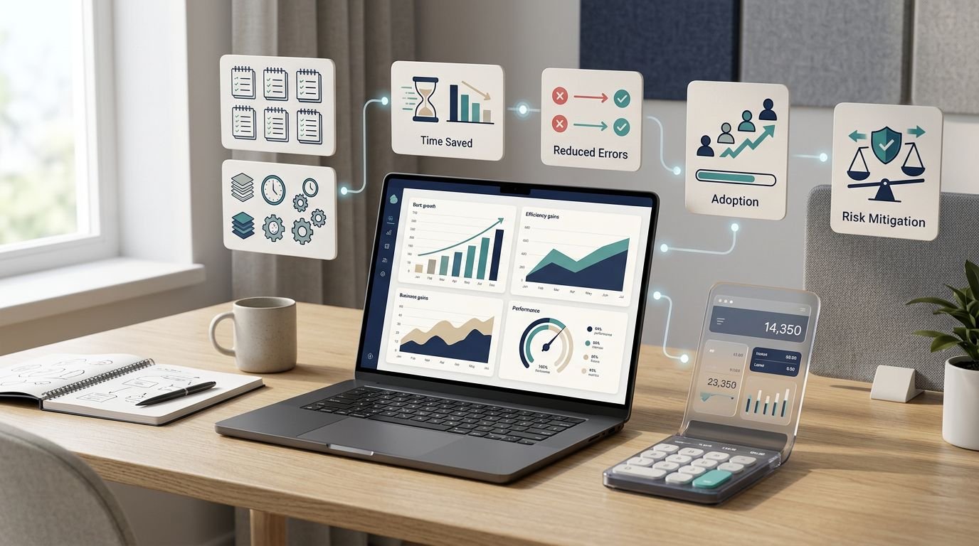 Laptop with charts, calculator interface, and connected workflow icons on a modern desk.