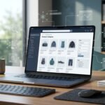 Laptop showing an ecommerce category layout with product tiles, filters, and connected teal data nodes.