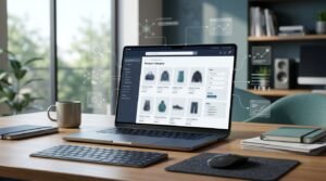 Laptop showing an ecommerce category layout with product tiles, filters, and connected teal data nodes.
