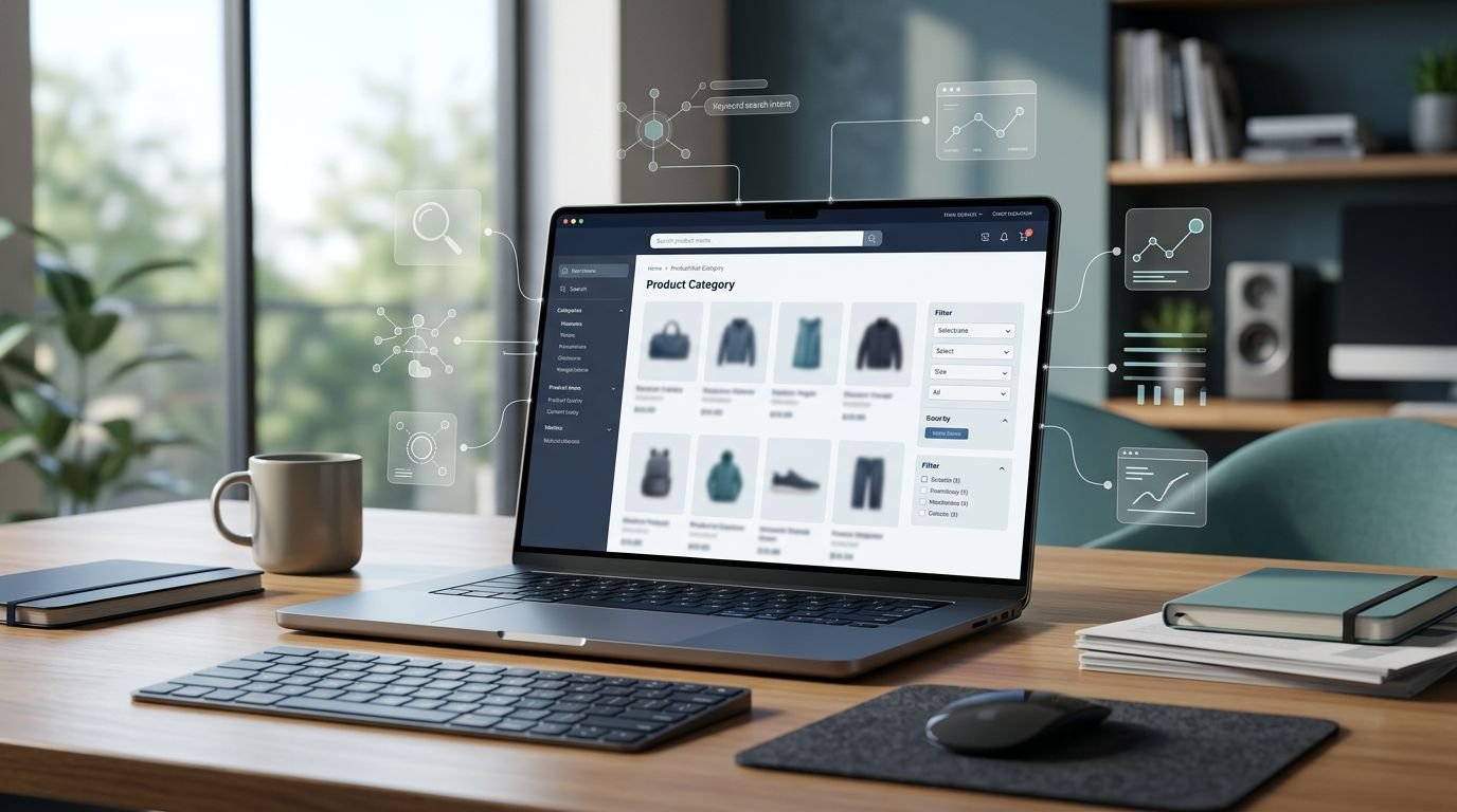 Laptop showing an ecommerce category layout with product tiles, filters, and connected teal data nodes.