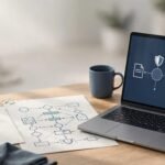 Laptop, printed workflow diagram, and checklist arranged on a clean modern desk.