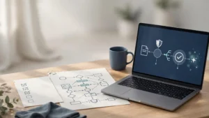 Laptop, printed workflow diagram, and checklist arranged on a clean modern desk.
