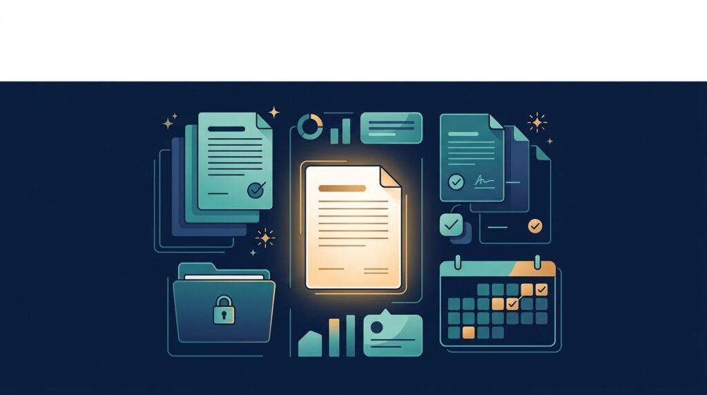 A glowing contract document surrounded by folders, calendar markers, checkmarks, and colorful spark icons.
