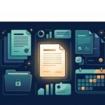 A glowing contract document surrounded by folders, calendar markers, checkmarks, and colorful spark icons.