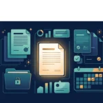 A glowing contract document surrounded by folders, calendar markers, checkmarks, and colorful spark icons.