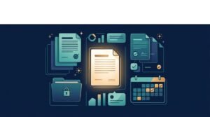 A glowing contract document surrounded by folders, calendar markers, checkmarks, and colorful spark icons.