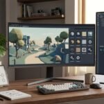 Monitor showing a game scene beside asset shapes, code, workflow branches, and a checklist.