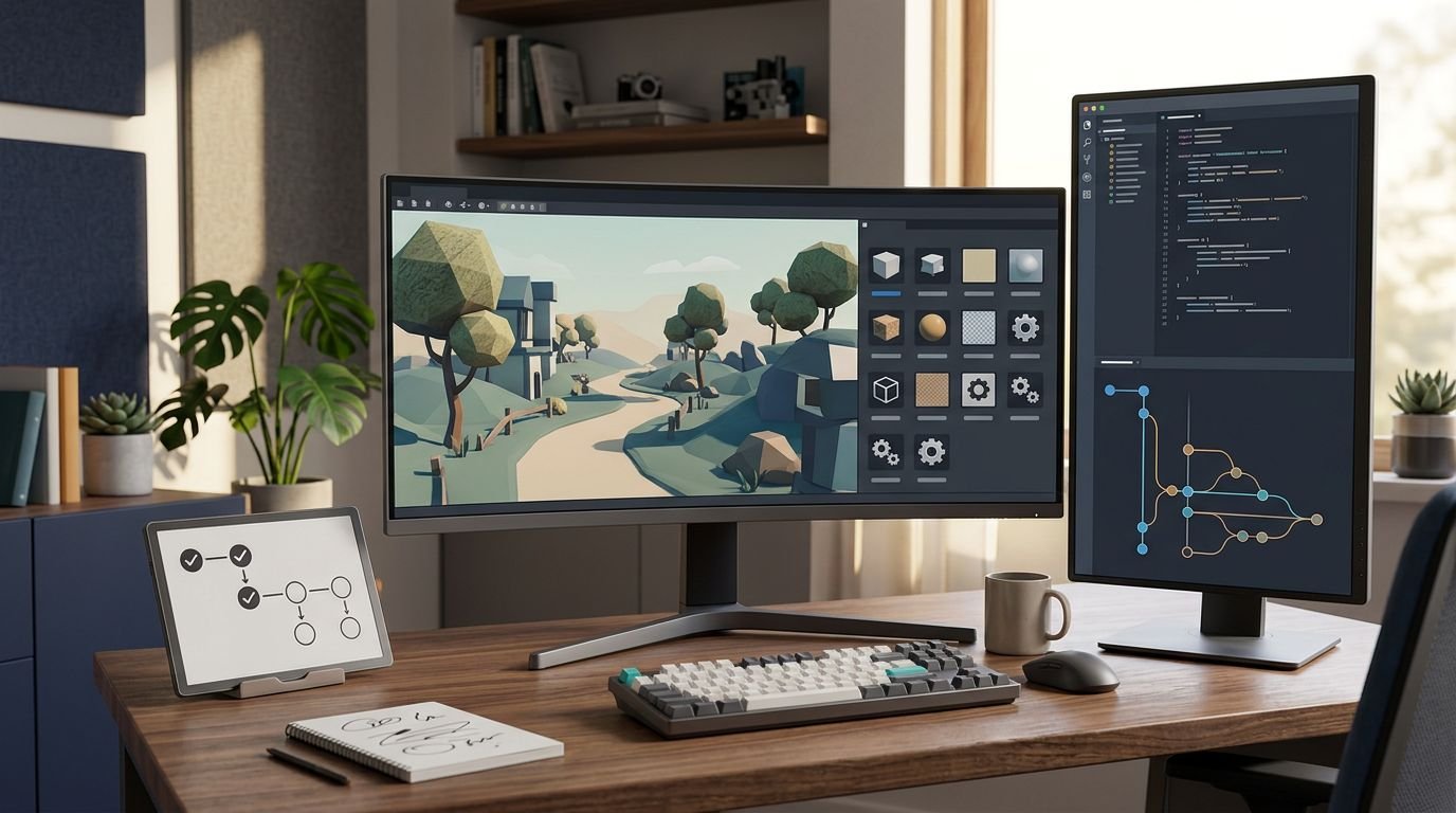 Monitor showing a game scene beside asset shapes, code, workflow branches, and a checklist.