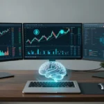 Best AI Trading & Crypto Tools 2026, Compared by Use Case 6 Desk with a laptop, three market screens, and a glowing blue hologram.