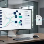 Build an AI content refresh workflow with GSC data 4 Monitor showing search data connections beside a webpage card on a modern desk.