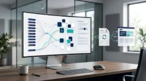 Monitor showing search data connections beside a webpage card on a modern desk.