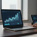 Composer AI-Assisted Automated Investing: A Practical Review 2 Laptop with financial charts, tablet results, coffee mug, and notebook on a dark desk.