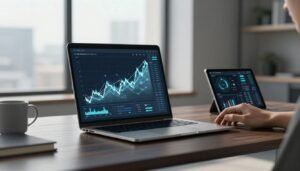Laptop with financial charts, tablet results, coffee mug, and notebook on a dark desk.