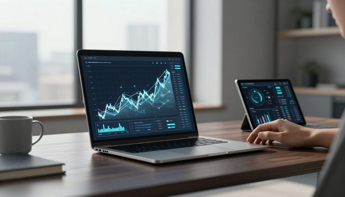 Laptop with financial charts, tablet results, coffee mug, and notebook on a dark desk.