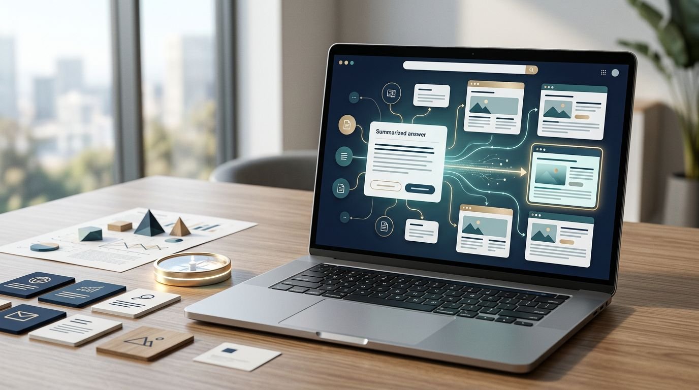 Laptop showing a connected search interface beside planning cards, a compass, and a chart.
