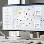 A workstation showing connected data nodes and organized document panels beside a retrieval pipeline.