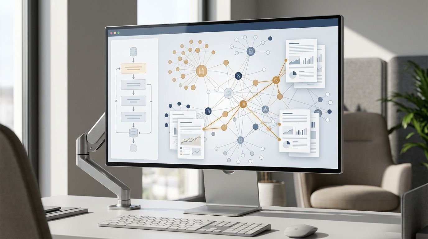 A workstation showing connected data nodes and organized document panels beside a retrieval pipeline.
